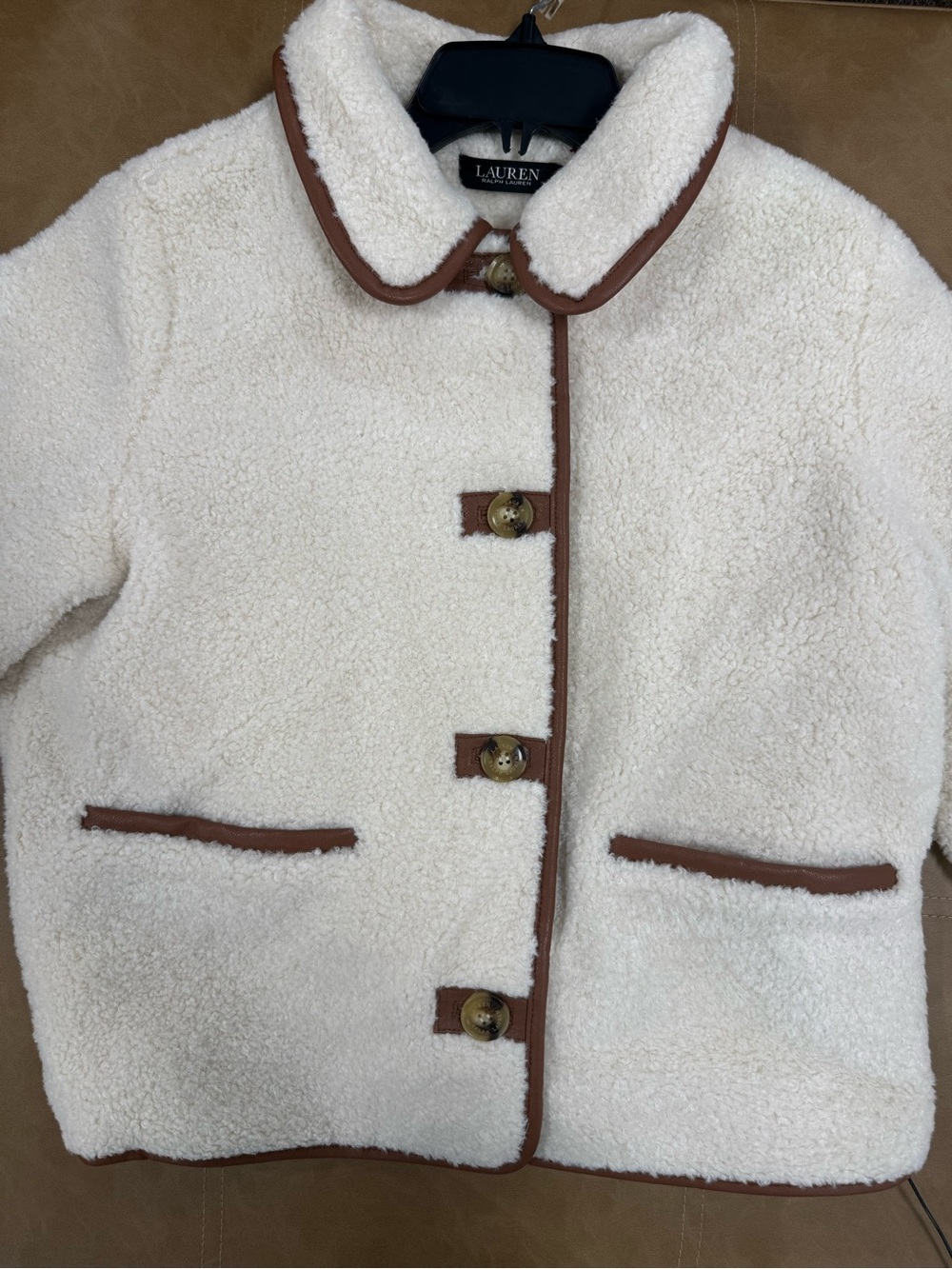 Lauren Ralph Lauren Teddy Sherpa Jacket – Cream & Brown Faux Leather Trim – NWT